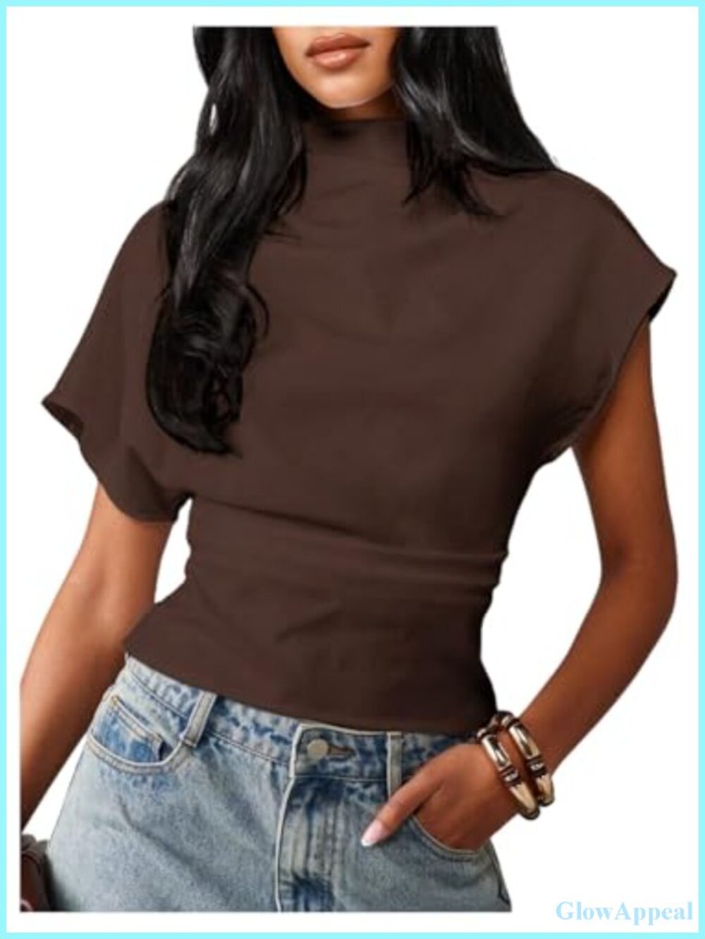 Cinched Waist Dolman Sleeve Work Top Mock Neck Pull On Polyester